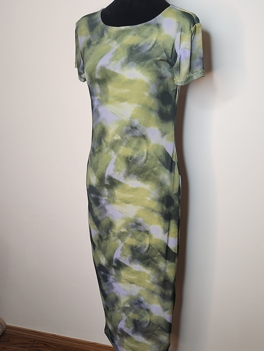 Green Abstract Bodycon Midi Dress Stretch Short Sleeve Crew Neck Women's M